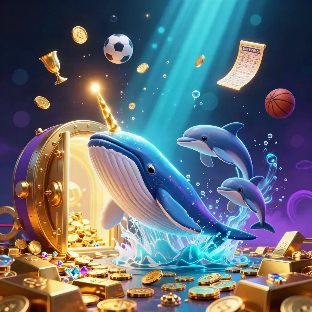 Whale captain, narwhal, and dolphins burst through treasure in a neon casino undersea fantasy