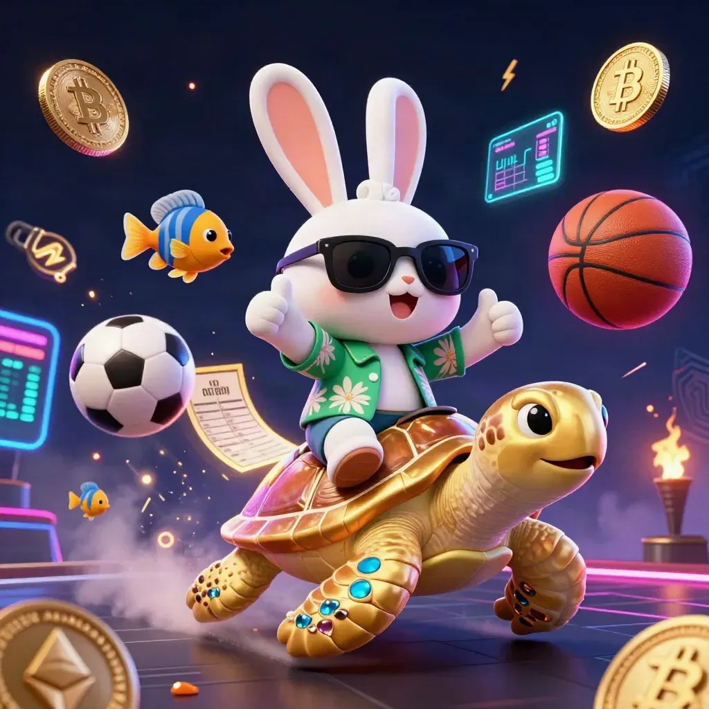Lucky rabbit on golden turtle amid crypto coins, sports gear and neon casino lights