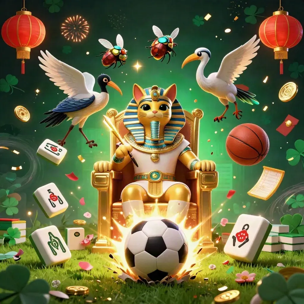 Pharaoh cat, ibis and scarabs amid a soccer-ball blast, casino gold, emerald light