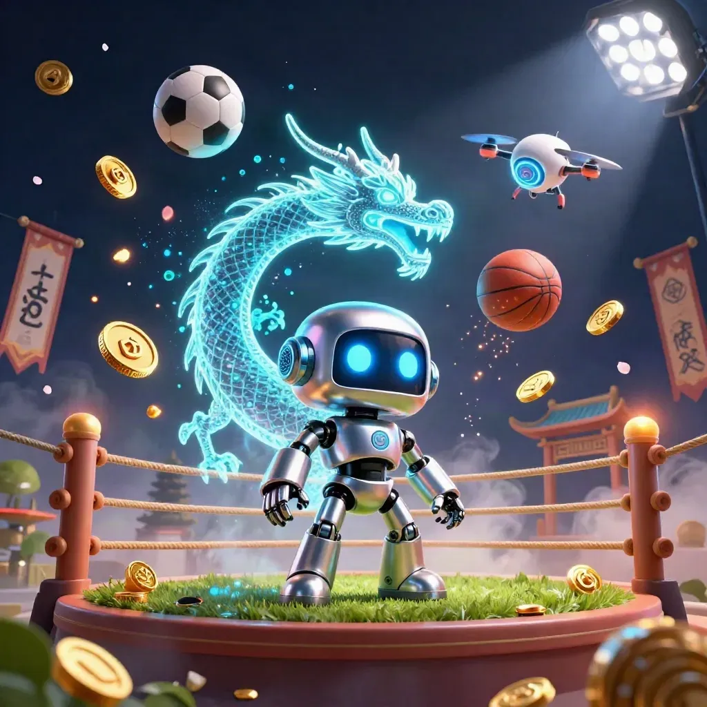 Chrome robot, holographic dragon and coin drone amid a torch-lit ring with flying balls and gold sparks.