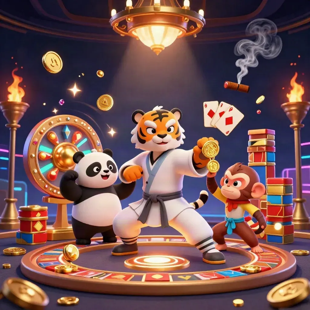 Kung-fu tiger, panda, and monkey in a luxe casino scene with coins, gems, chips and a roulette wheel.