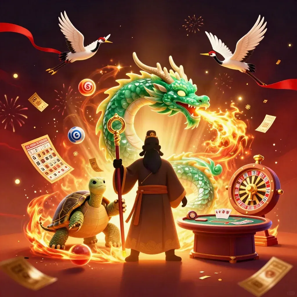 Dragon, turtle sage and cranes amid casino magic, gold fire, wheel, balls and confetti.