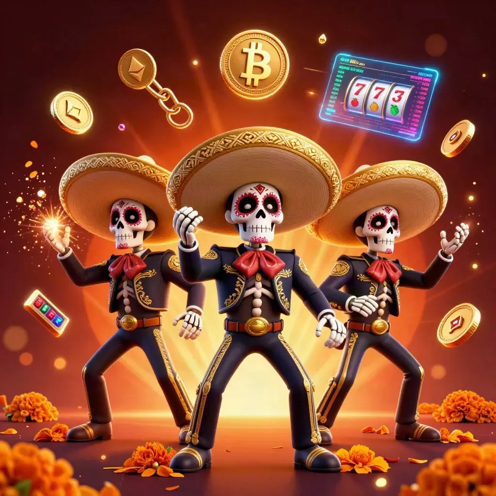 Three skeleton mariachi heroes amid glowing casino coins, embers, and gold light.