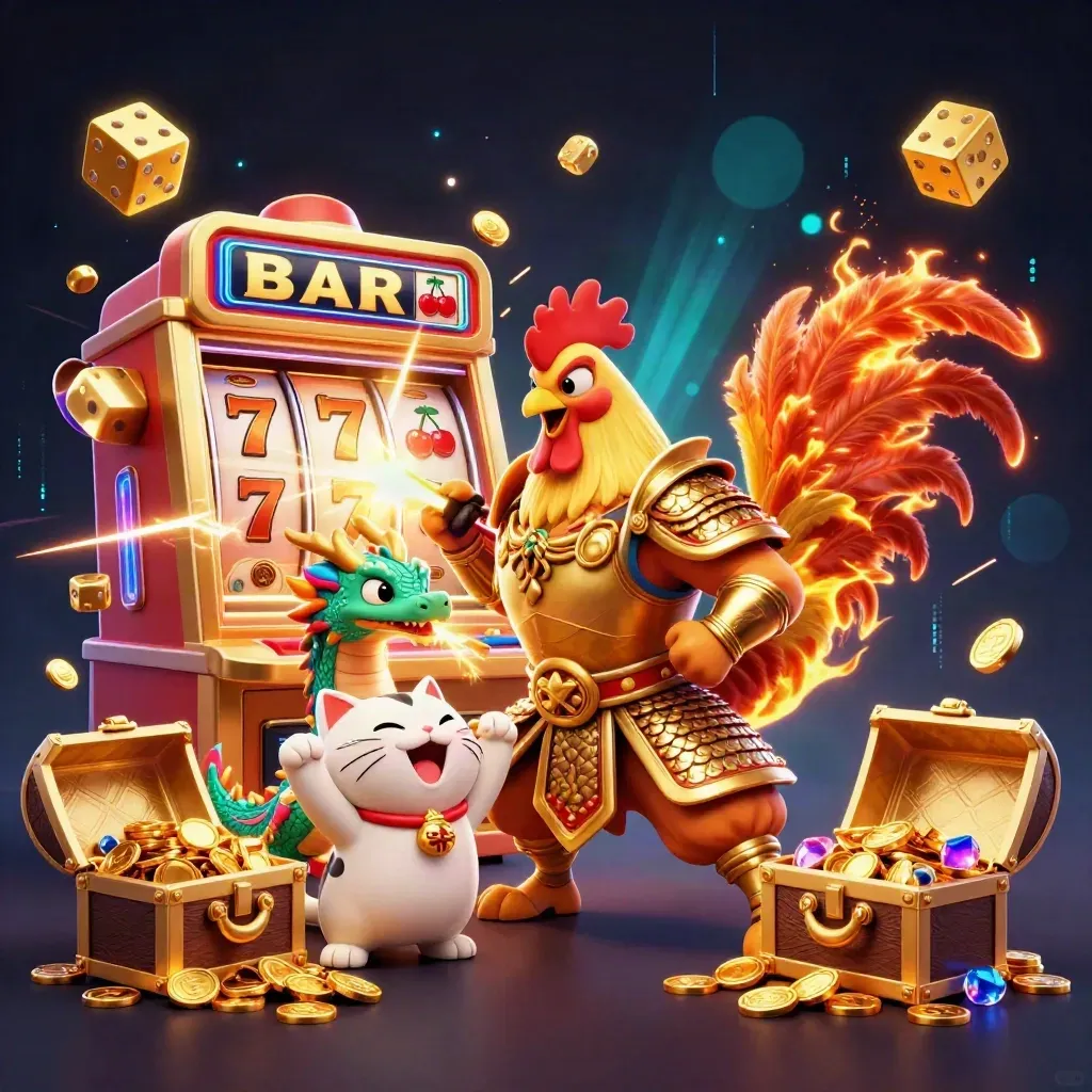 Rooster warrior, spark-breathing dragon hatchling, and fortune-cat amid jackpot explosions.