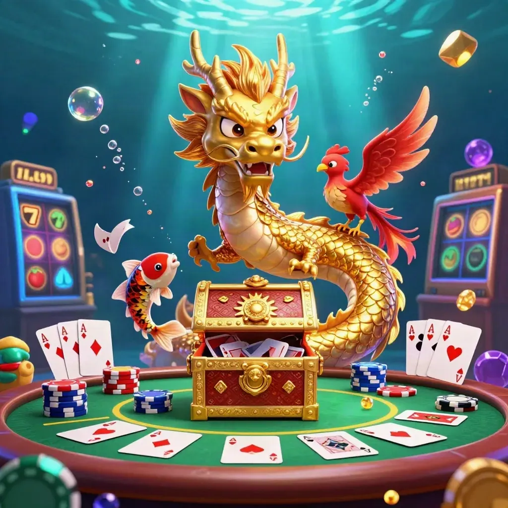 Golden dragon, phoenix, koi, chips, cards, and neon casino treasure under waterlight.