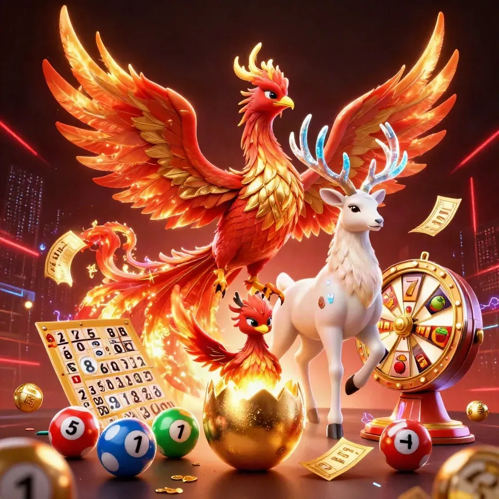 Phoenix, baby phoenix, and crystal-antler stag burst amid casino loot in neon gold and navy.