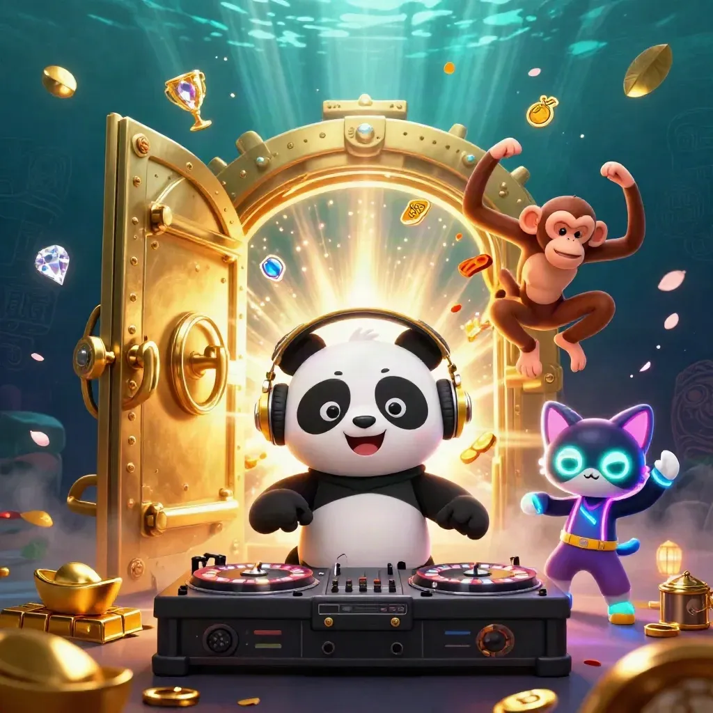 DJ panda, dancing monkey, and glow-stick kitten burst from a gold vault in neon casino chaos.