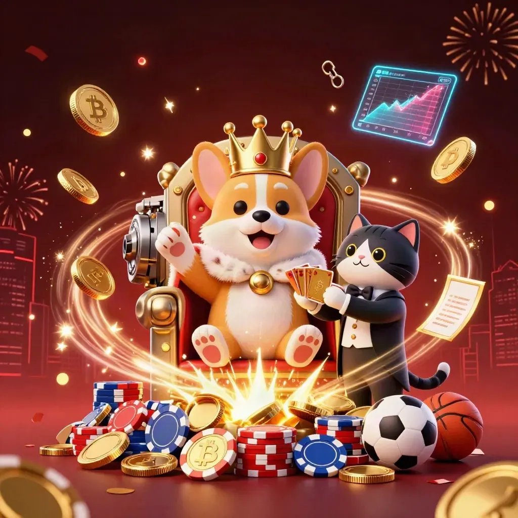 Royal corgi and cat butler amid casino treasure, crypto coins, fireworks, and sports bets.