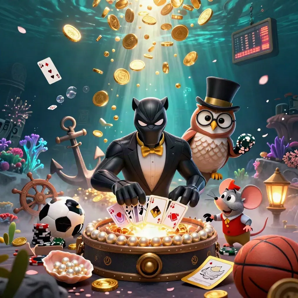 Stylish panther, owl, and mouse amid underwater coins, sports props, and fireworks.