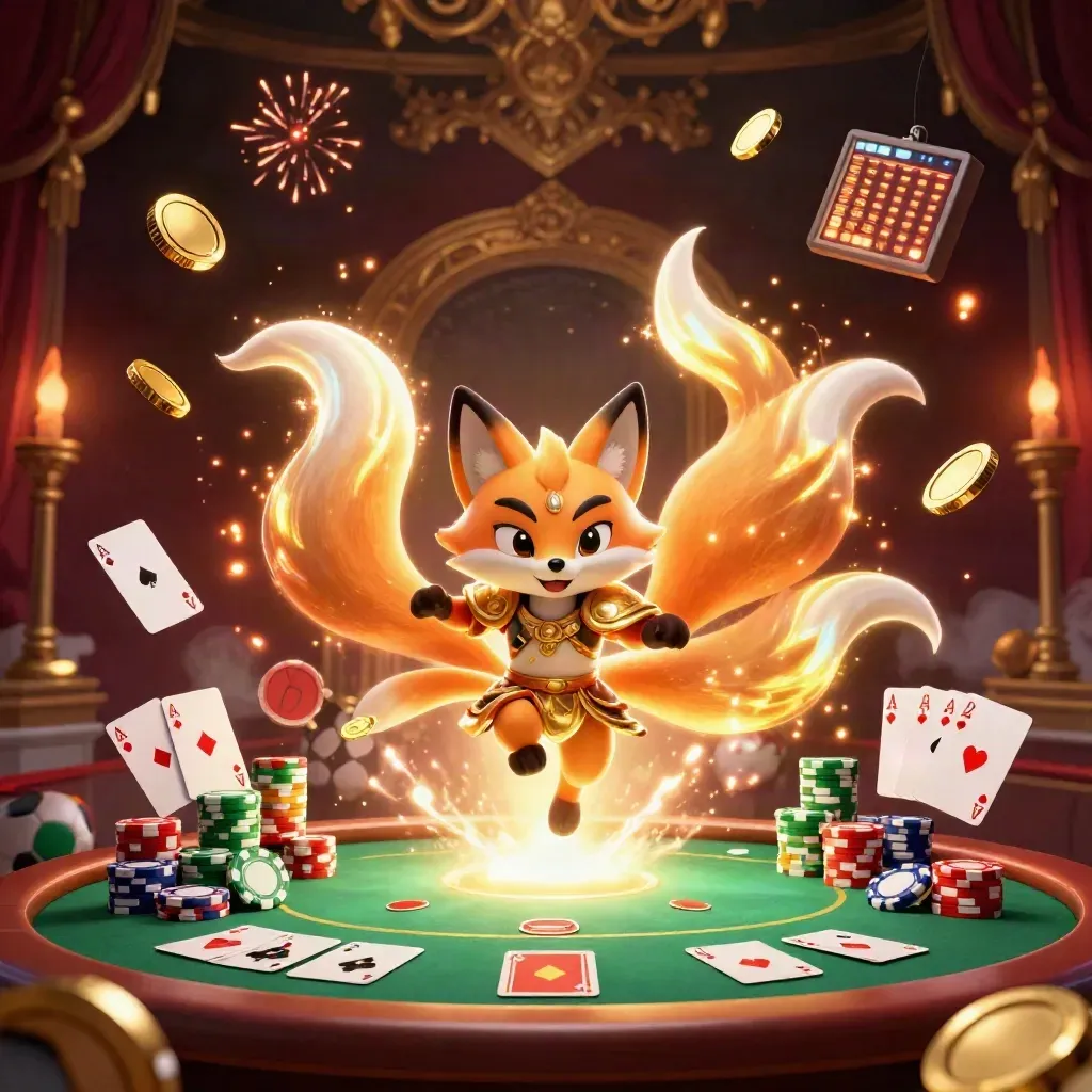 Neon fox spirit and samurai mouse amid casino treasure, chips, cards, and fireworks.
