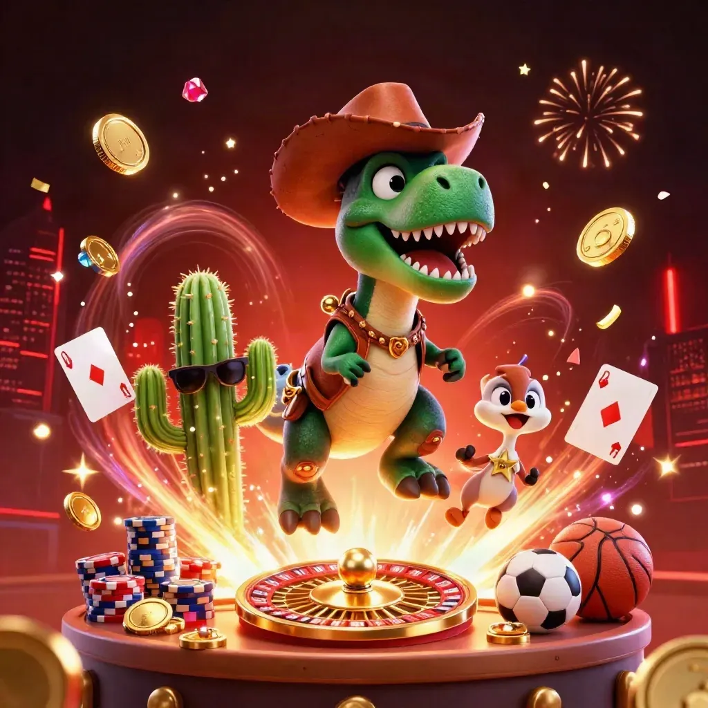 Cowboy T-Rex, cactus, and roadrunner celebrate amid bursting coins, gems, fireworks, and casino flair.