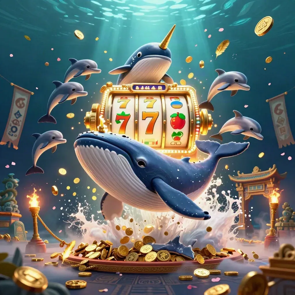 A captain whale, narwhal, and dolphins burst through coins with casino effects in dark neon teal-gold.