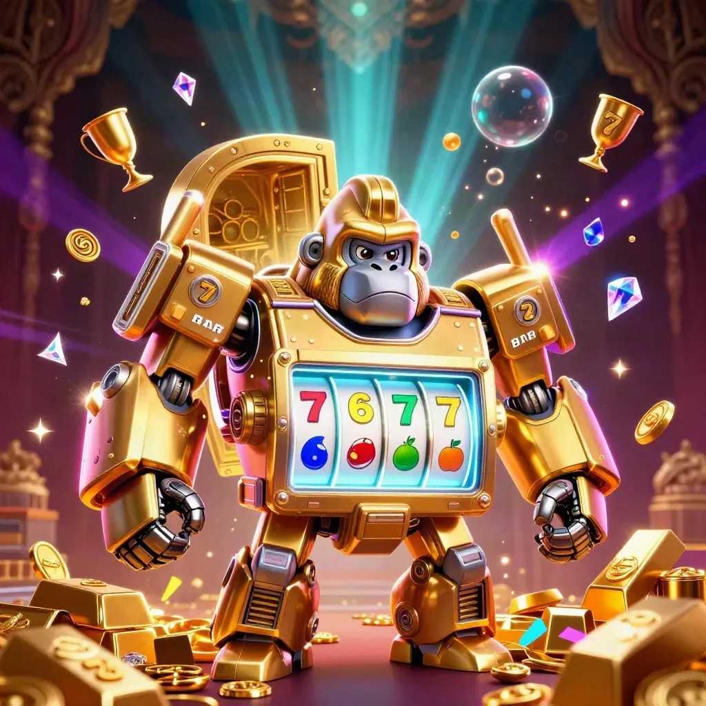 Golden gorilla slot mech with tiny monkey pilot, vault burst, coins, gems, neon glow.