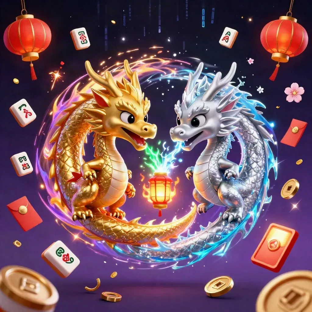 Gold and silver dragons spiral with fire and ice amid casino symbols on a dark neon background.