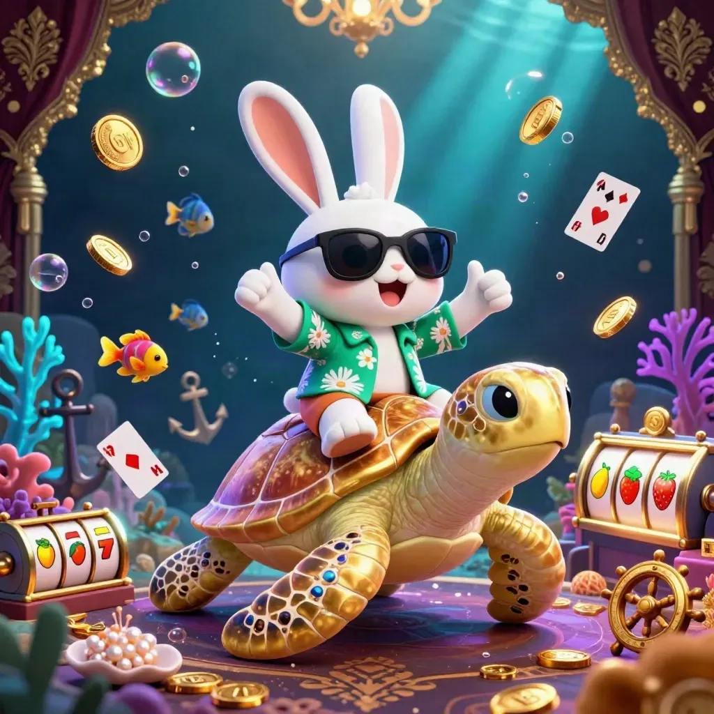 Lucky rabbit rides a jeweled sea turtle through treasure, coral, cards, and casino symbols.