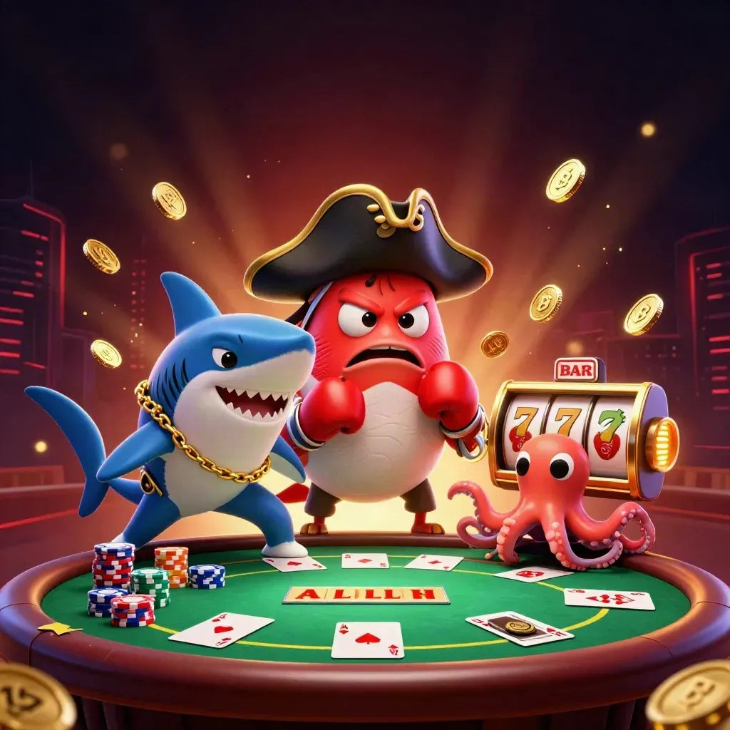 Shark captain, pufferfish boxer, and juggling octopus in a neon casino battle scene