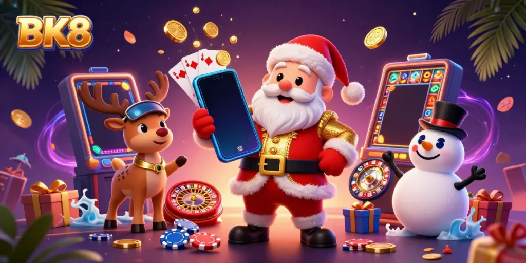 Experience excitement at BK8 with 3D Santa gaming with slots and poker elements in a vibrant casino setting.