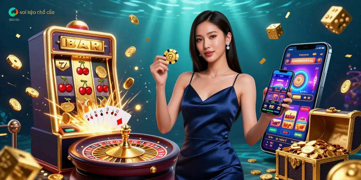 Soi kèo nhà cái with confident Asian woman showcasing a smartphone and golden chip against a vibrant casino scene.