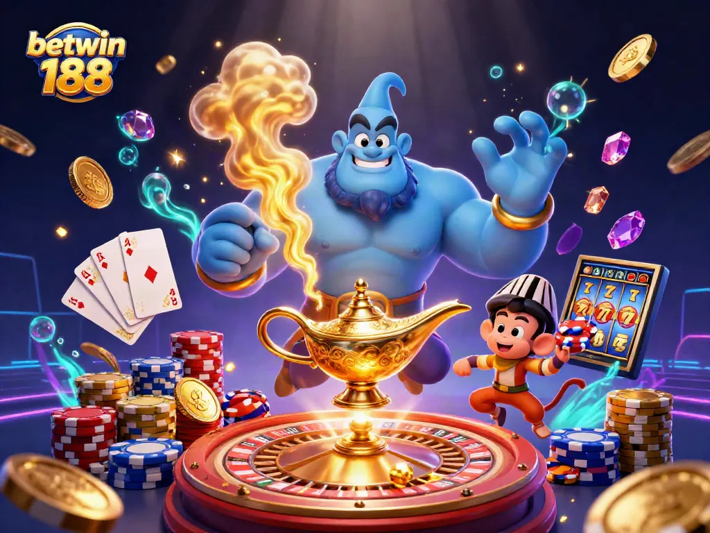 Betwin 188 offers a thrilling gambling experience with a genie bursting into action, inviting players to win!