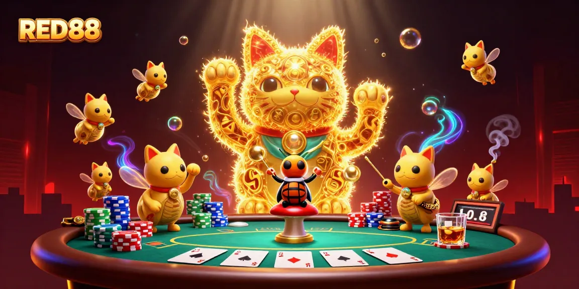 Experience RED88's thrilling casino atmosphere with vibrant golden fireflies and poker elements.