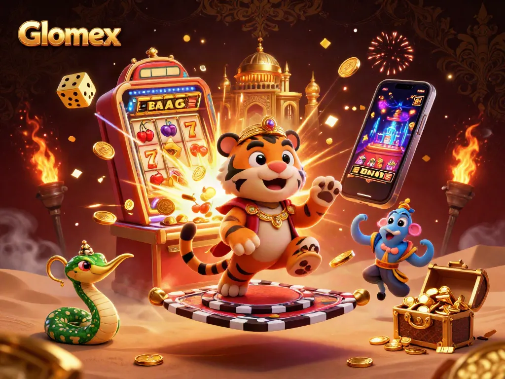 Play exciting games with Glomex in a vibrant casino scene full of thrilling symbols and characters.