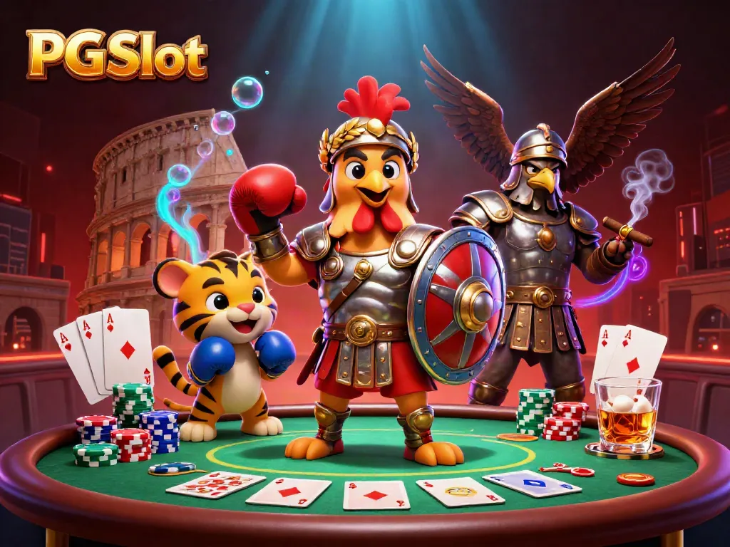 Experience the vibrant PG Slot world with a dynamic scene of a gladiator rooster and gaming elements.