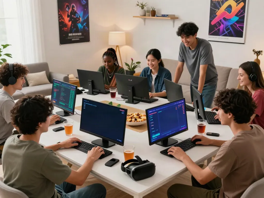 A diverse group enjoying akunjp online gaming in a cozy living room.