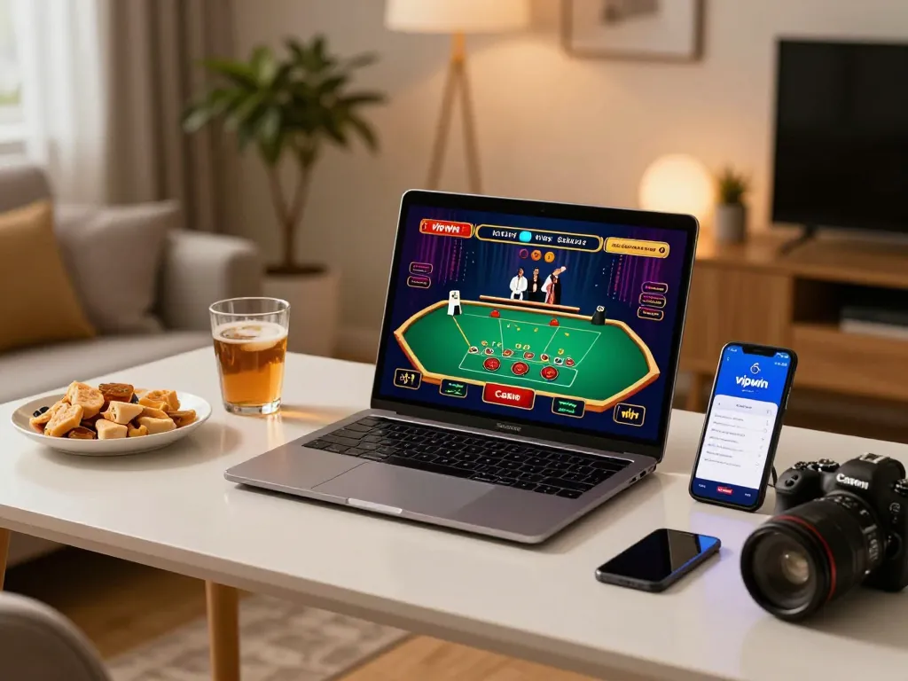 Engaging gameplay on vipwin with live dealer blackjack on a laptop at a cozy home setting.
