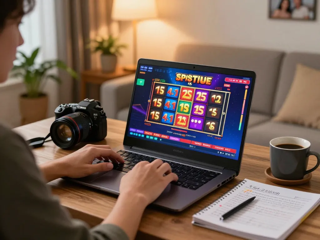 Situs slot gameplay displayed on a laptop screen with a player focused at home