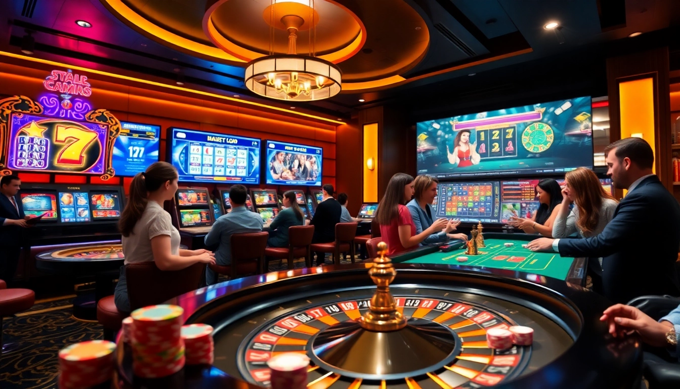 The thrilling online gambling experience at https://jun88site.com/ featuring lively players and vibrant casino elements.