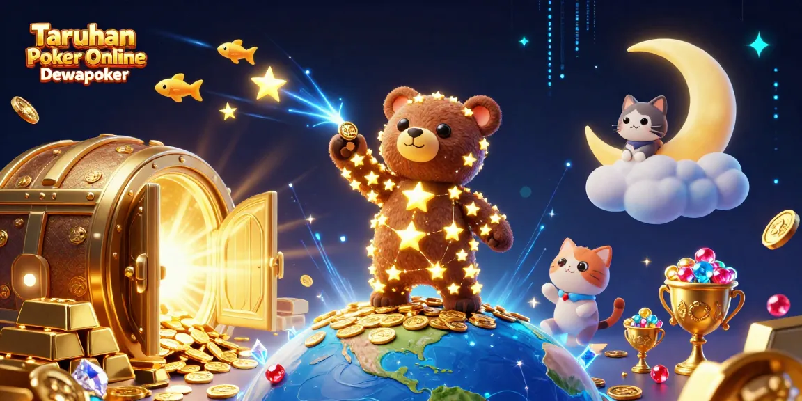 Engage with Taruhan Poker Online Dewapoker in a vibrant casino-themed illustration featuring golden treasures and playful elements.