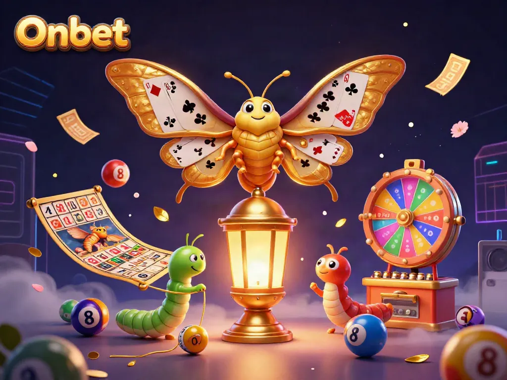 Onbet promotes excitement with a vibrant 3D illustration of a casino scene filled with games and prizes.