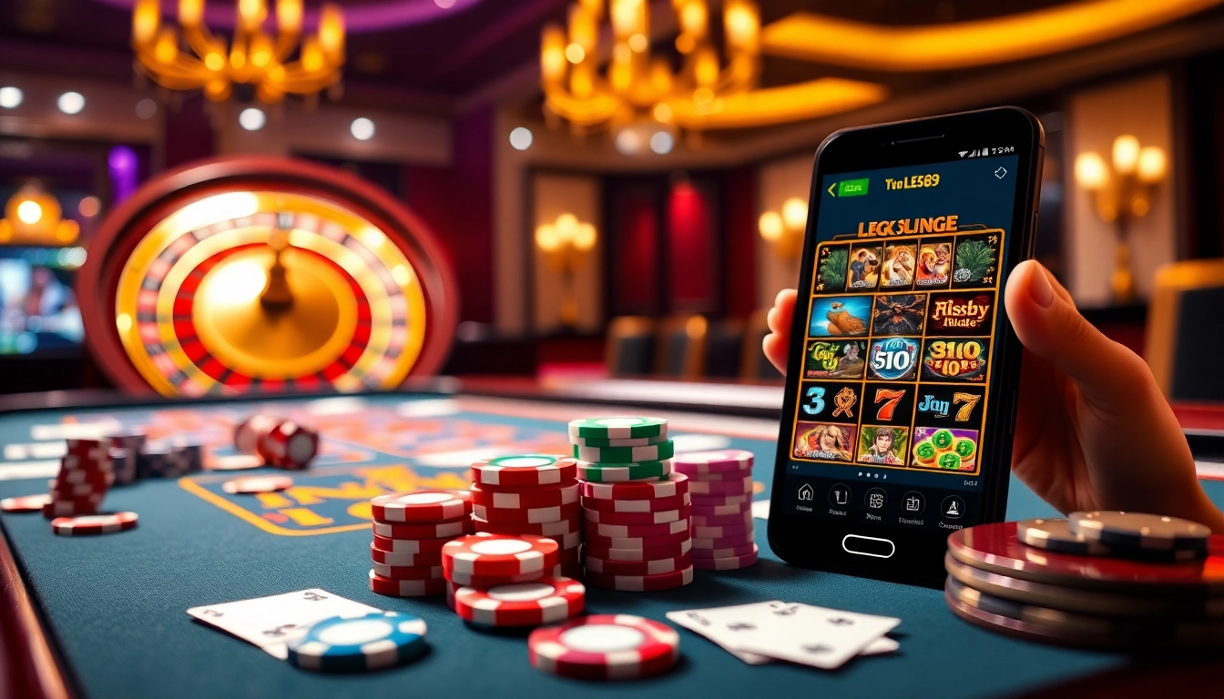 A vibrant casino scene featuring LEGO138 interface with poker chips and a roulette wheel.