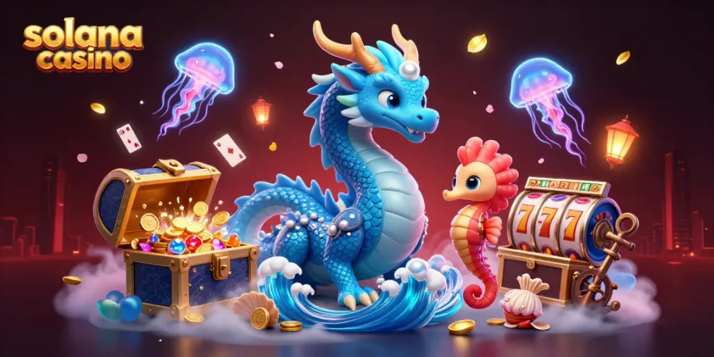 Experience the excitement of the solana casino with a vibrant underwater scene featuring a dragon, seahorse knight, and casino elements.