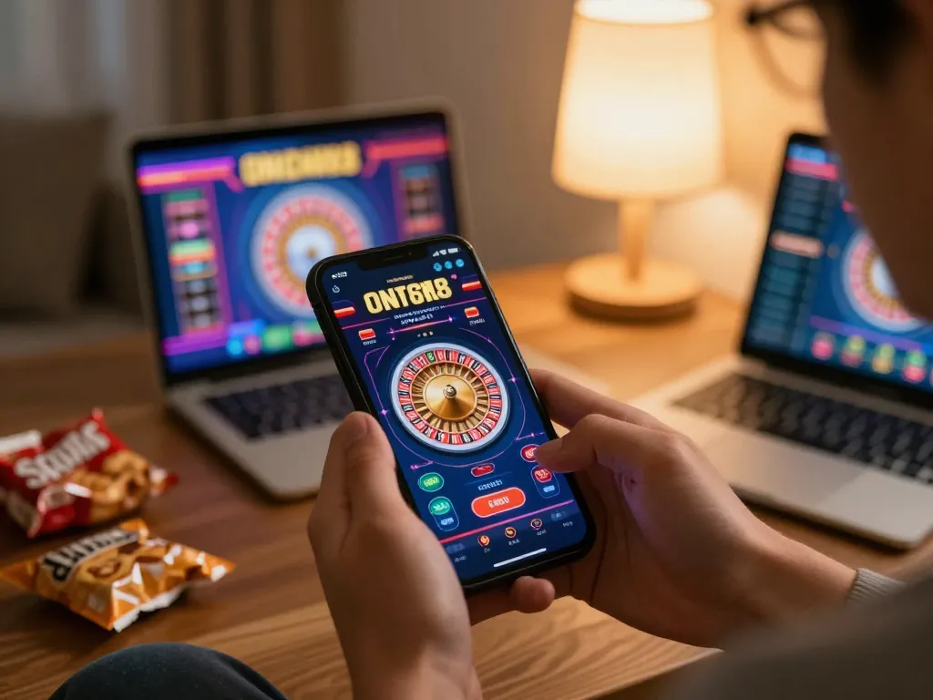 Engaging in mobile F168 gameplay, showing vibrant roulette app interface in a cozy setting.