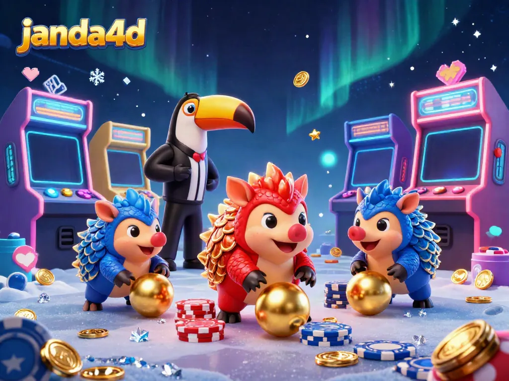Gamer pangolins bersaing dalam slot online di janda4d, menggelindingkan bola emas dan menggunakan chip poker.