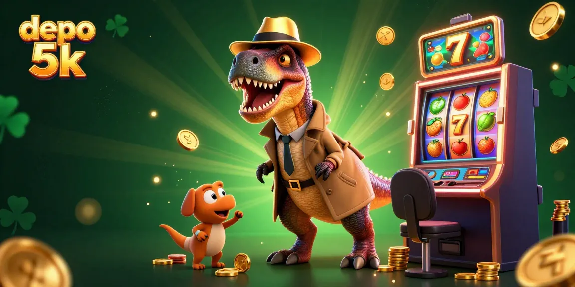 Memenangkan jackpot dengan depo 5k, ilustrasi 3D karakter judi di mesin slot yang berkilau.
