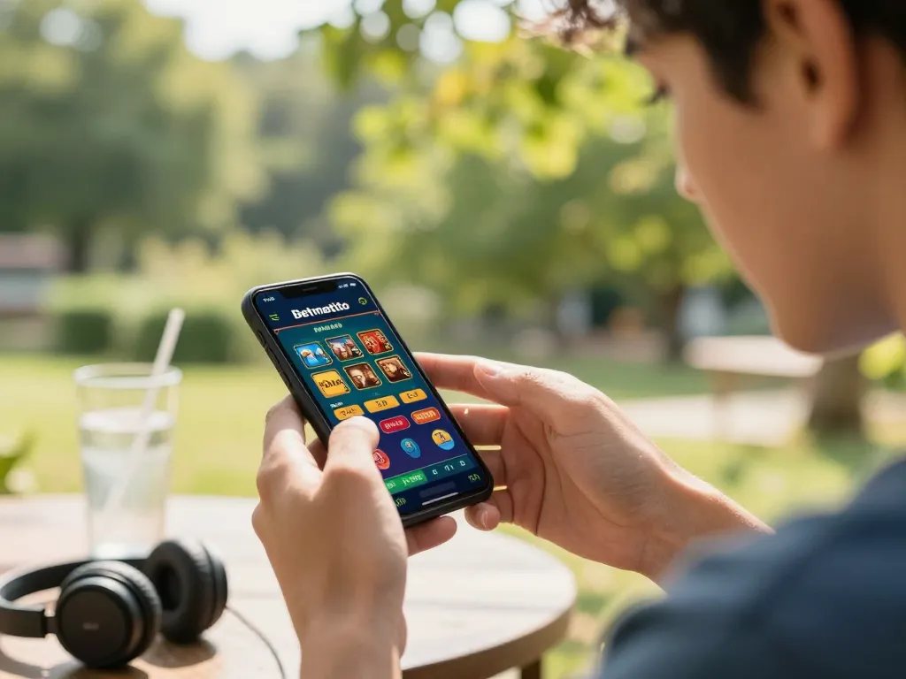 Engaged player on smartphone enjoying Betmentoto mobile gaming in nature, showcasing online betting.