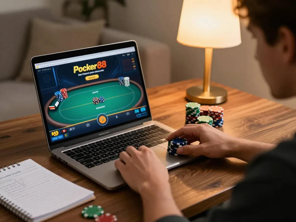 Engaged player strategizing with Poker88 Alternatif Link on their laptop, colorful poker chips in focus