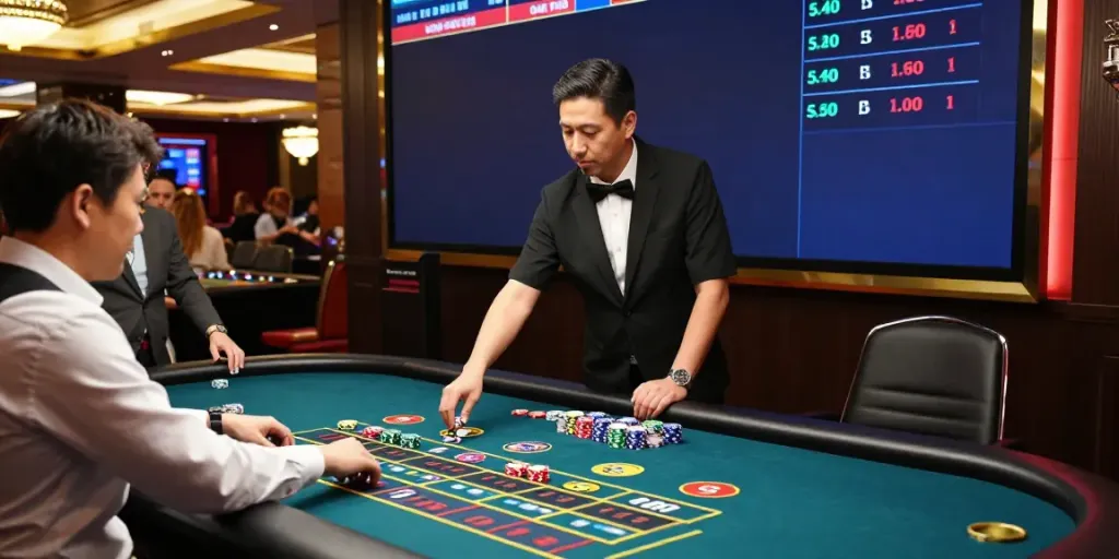 Permainan hargatoto di kasino modern dengan pemain bersemangat di meja roulette.
