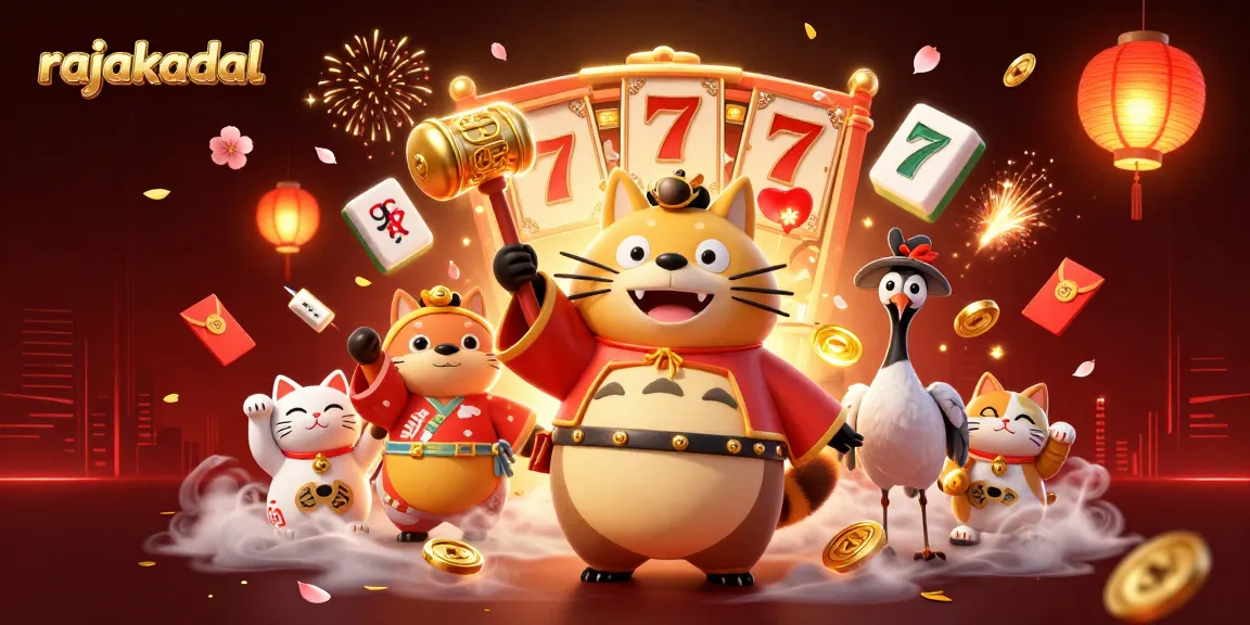 Mengikuti permainan di rajakadal, tanuki ceria membawa palu emas di tengah latar slot dan berbagai simbol keberuntungan yang menyebar.