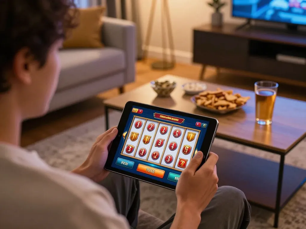 Menghadapi permainan slot pulsa di tablet dalam suasana rumah yang nyaman, menyoroti perjudian online