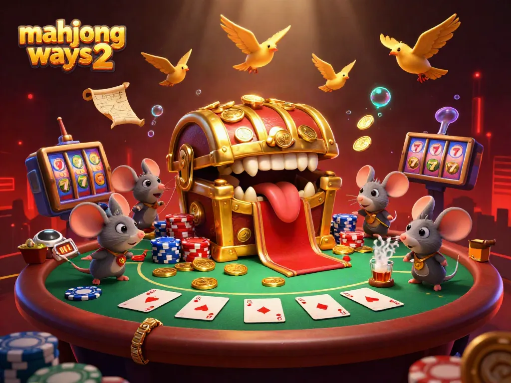 Spin the reels of Mahjong Ways 2 in a vibrant 3D casino scene filled with treasure and excitement.