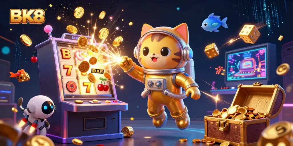 Engage in exciting fun at BK8 with a dynamic scene of a golden slot explosion, colorful casino game elements, and special characters.
