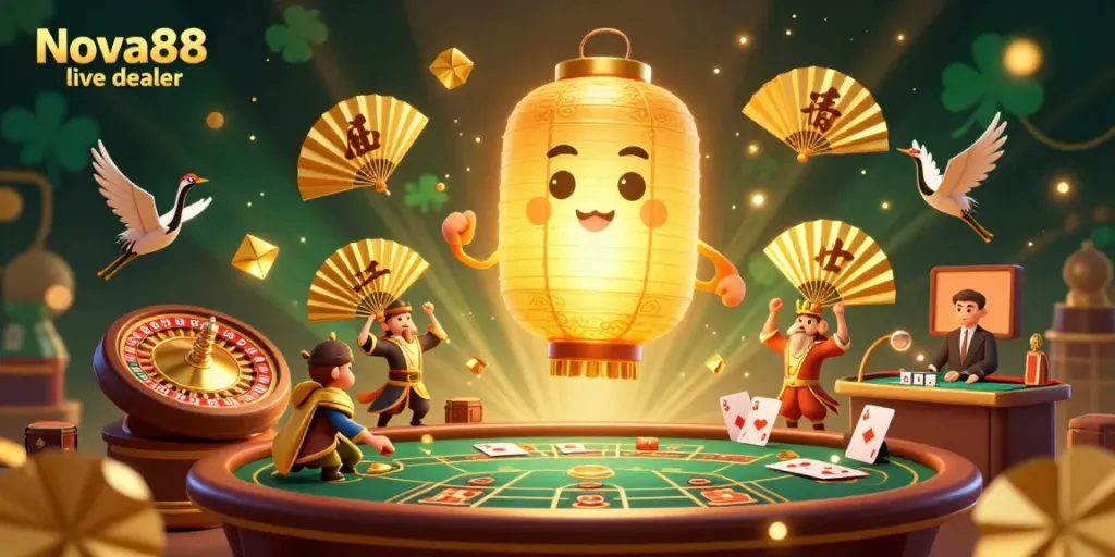 Experience the thrill of Nova88 live dealer games with a vibrant 3D illustration of casino elements and characters.