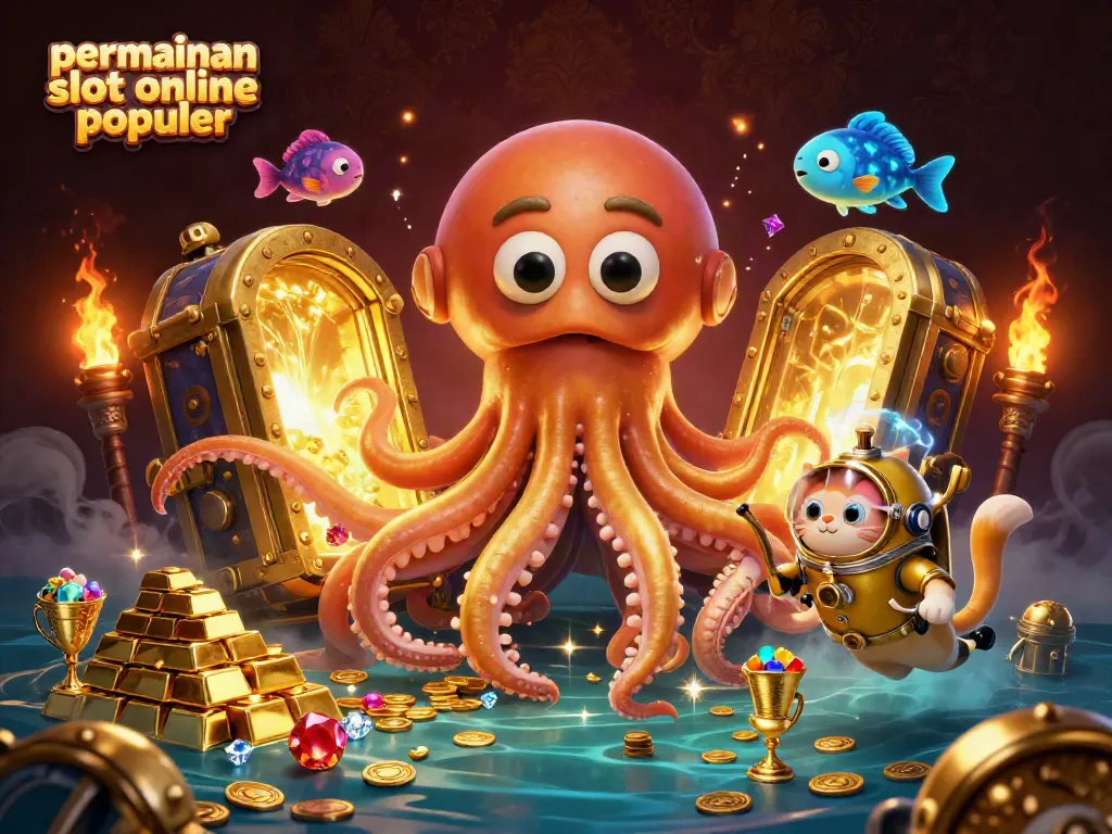 Permainan slot online populer menampilkan ilustrasi 3D dengan kraken besar dan efek cahaya emas yang memukau.