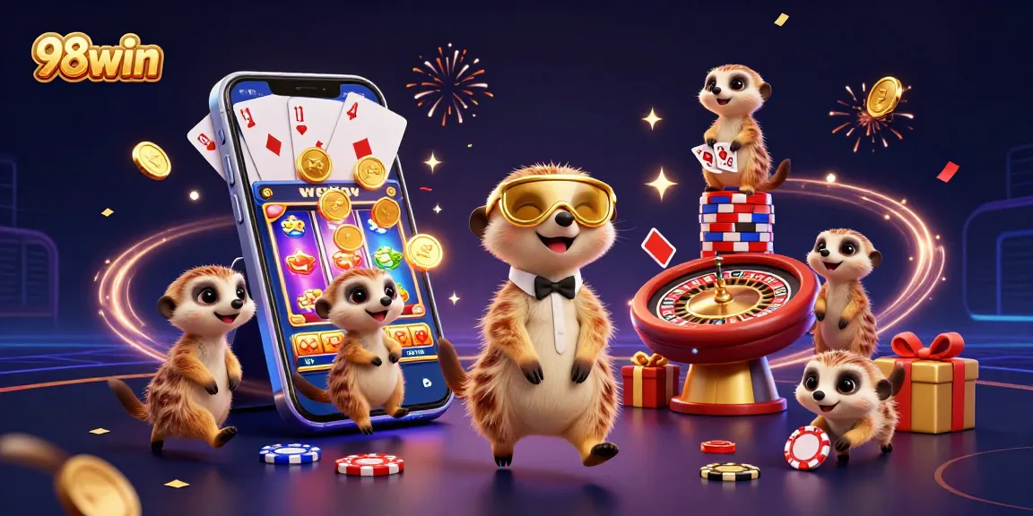Join the excitement at 98win's vibrant casino with a lively meerkat scene and dazzling game elements.