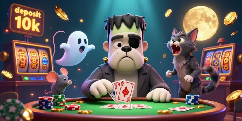 Permainan slot deposit 10k yang menarik dengan karakter kasino 3D dan suasana menakutkan.
