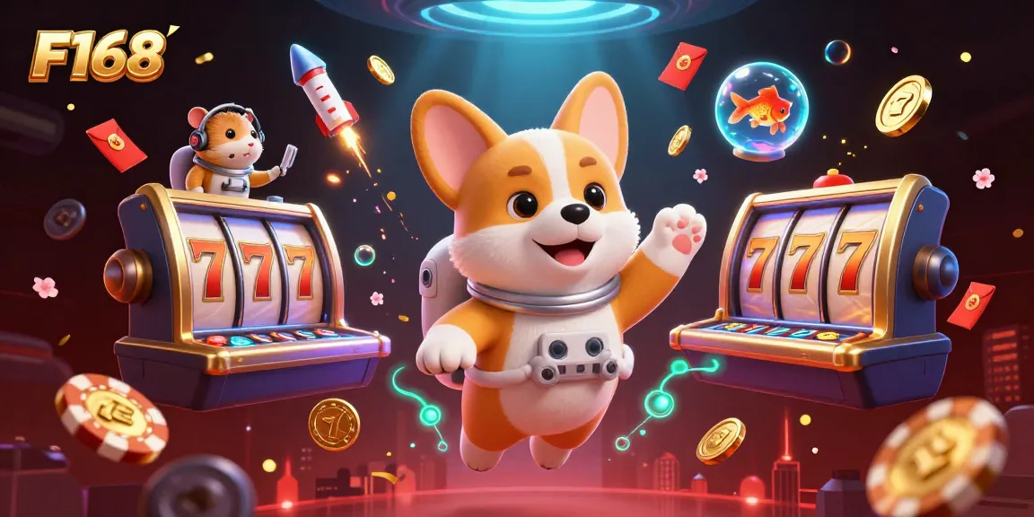 Engage with F168 in a vibrant space casino scene, featuring a floating corgi and stunning gaming elements.