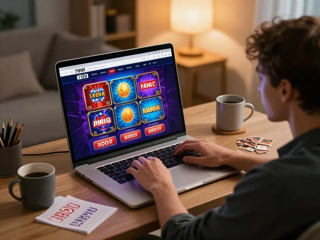 Person engaging with the 789f site for online gaming on their laptop in a cozy home office.